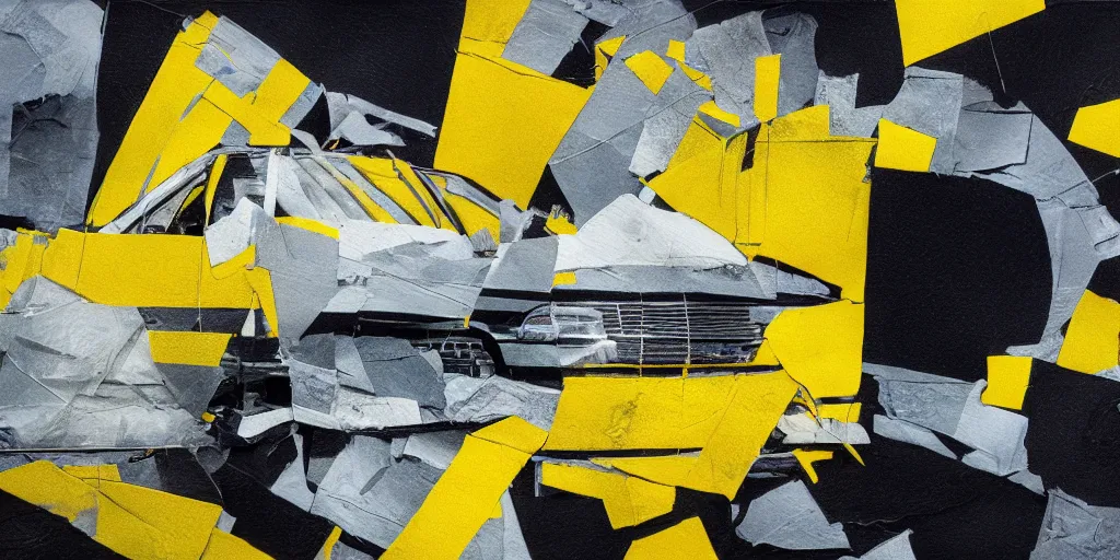 Prompt: rendered in blender car crash test, yellow, blue and black, collage paper and tape, acrylic on canvas, hyperrealism mixed with expressionism, high resolution, cinematic, unreal 6, breathtaking detailed, by blake neubert