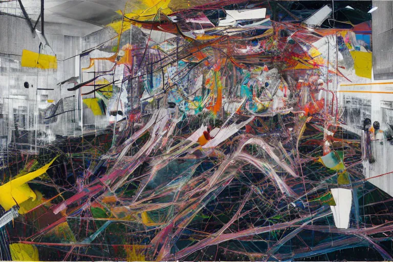 Prompt: bodies entwined in a fight with the physical impossibility of death, inside a brutalist space ship, extremely intricate and detailed, by painted by francis bacon, adrian ghenie, james jean, part by gerhard richter, part by petra cortright. 8 k masterpiece