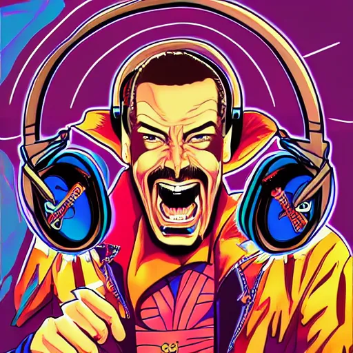 Image similar to artgerm, psychedelic laughing cybertronic dr. strange, rocking out, headphones dj rave, digital artwork, r. crumb, svg vector