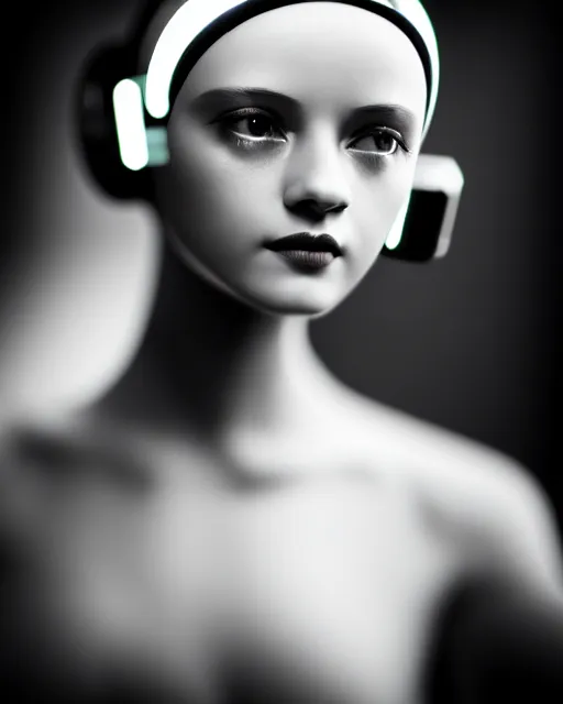 Image similar to tintype black and white dreamy young beautiful female artificial intelligence, metropolis, cinematic, rim light, bokeh, photo - realistic, elegant, high detail, 8 k, masterpiece, photo taken in 1 9 3 0