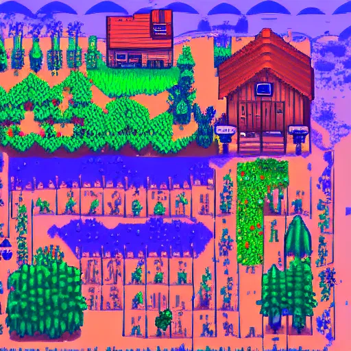 Image similar to the perfect farm in stardew valley, detailed, trending, digital art on artstation