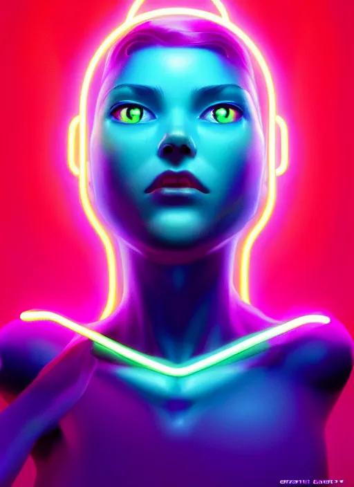 Image similar to beautiful neon woman, by greg rutkowski, symmetry, concept art by artgerm, distance render portrait of a hyper realistic, pixar, intense, epic, powerfull, alphonse mucha, octane render, highly detailed, high quality, 8 k, soft lighting, path traced, and uang guangjian and gil elvgren, symmetry!!