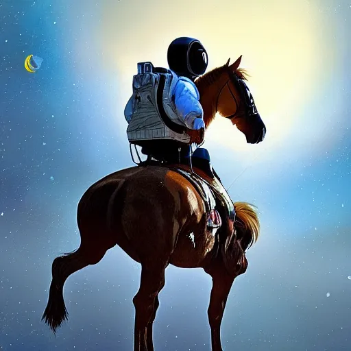 Prompt: a horse on top of a man, the astronaut is carried by the horse, hyperrealism, no blur, 4 k resolution, ultra detailed, style of ron cobb, adolf hiremy - hirschl, syd mead, ismail inceoglu, rene margitte