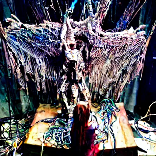 Image similar to 10,100 wemon worshipping the cybercore dragon angel pimp covered in wires damnatione emerging from cybercore damnation hell portal in the middle of my digusting dirty room, holy ceremony, heavens gate, low quality photo, flikr