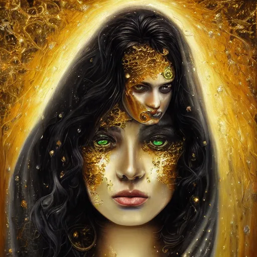 Prompt: angry beautiful Goddess of life with a veil, dark Goddess of artificial intelligence creating an artificial neural network with gold synapses on an anvil with her scythe, high resolution, award winning art, trending on art station, sharp image, incredibly detailed, detailed character, realistic painting, hyper-realistic painting, coherent painting, master piece by ramon y cajal