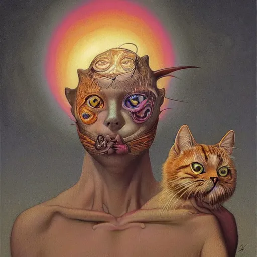 Image similar to a cat having an ego trip, by alex grey, by Esao Andrews and Karol Bak and Zdzislaw Beksinski and Zdzisław Beksiński, trending on ArtStation