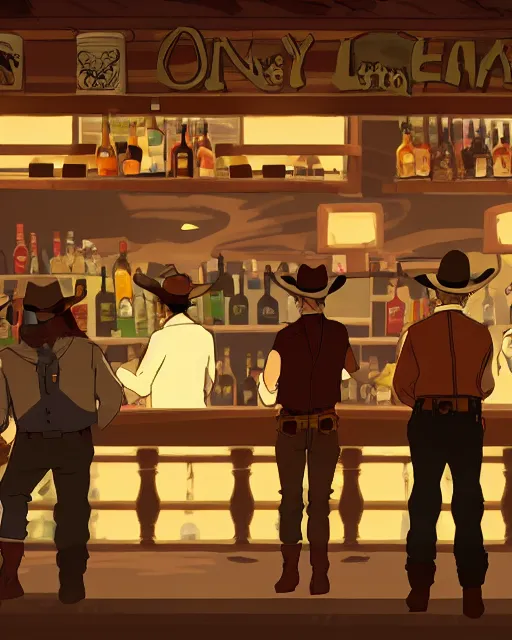 Image similar to an old cowboy walking into a crowded saloon bar. Anime. Soft lighting.