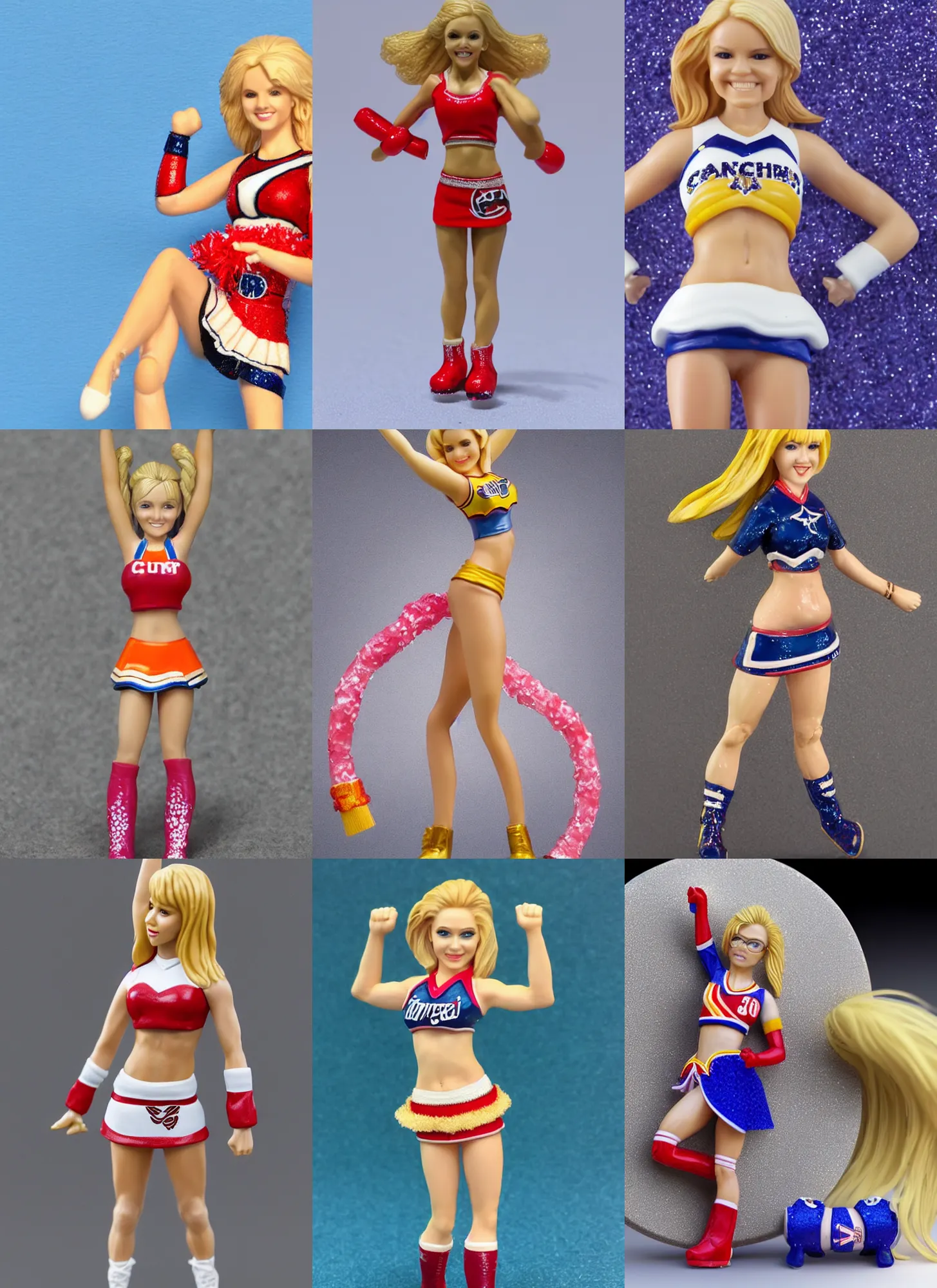 Prompt: 80mm resin detailed miniature of a Cheerleader girl, blond hair, stomach, navel, boots, Logo, textured base; Product Introduction Photos, 4K, view from front