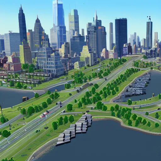 Image similar to new york city skyline in the style of cities skylines, in game sceenshot, gameplay