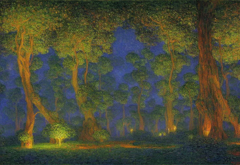 Image similar to Lothlorien at night, as painted by Claude Monet, Maxfield Parrish, Roger Dean