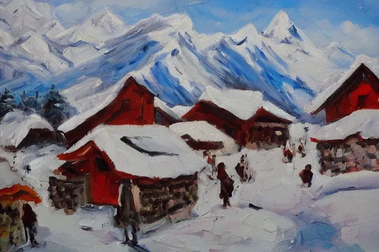 Prompt: beautiful snow mountain village, oil painting, oil in canvas, brushstrokes