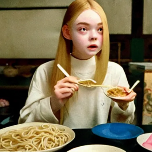 Image similar to Elle Fanning eating noodles in spirited away, by Studio Ghibli,