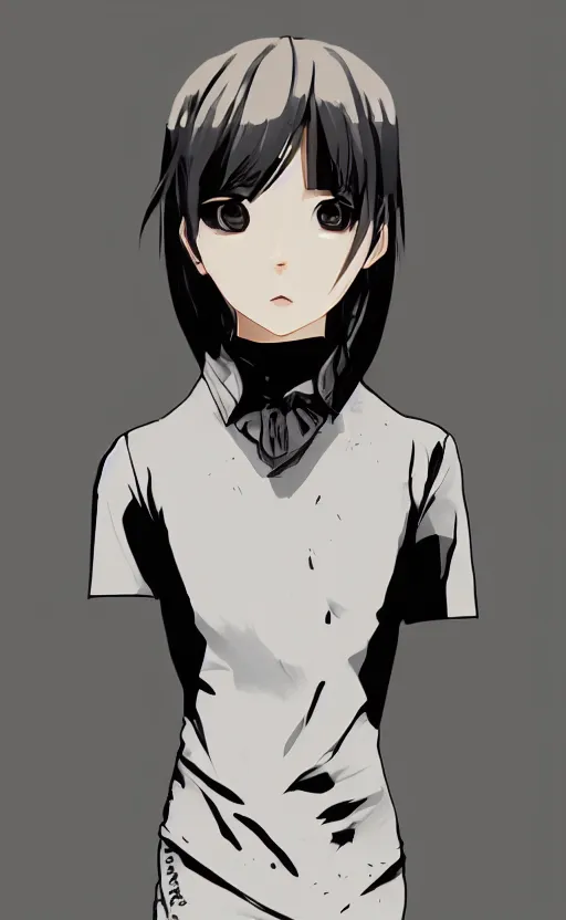 Image similar to shirt art, logo graphic design, manga style, short neck, realistic lighting, futuristic solid colors, made by ilya kuvshinov, sold on sukebannyc, from arknights, front portrait of a girl, jpop clothing, sneaker shoes, simple icons in background