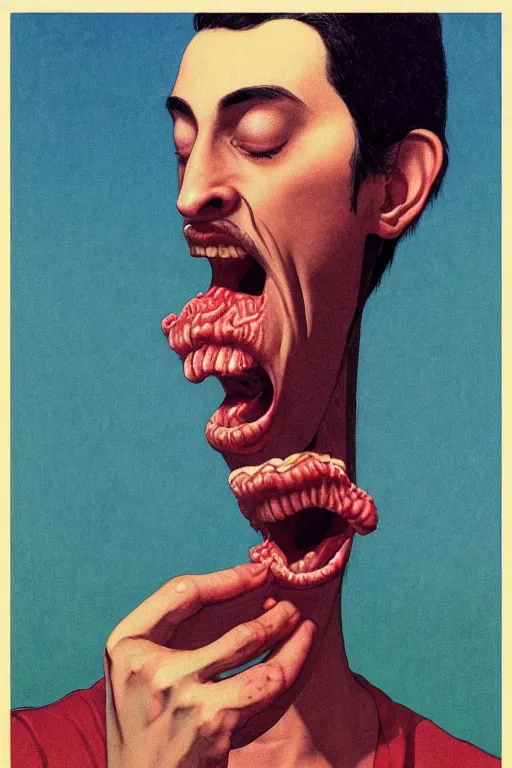 Prompt: a closeup portrait of a young spanish man licking a blotter paper of LSD acid on his tongue and dreaming psychedelic hallucinations, by kawase hasui, moebius, Edward Hopper and James Gilleard, Zdzislaw Beksinski, Steven Outram colorful flat surreal design, hd, 8k, artstation