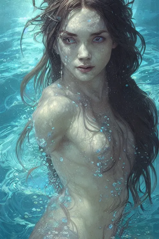 Prompt: hyperdetailed underwater portrait of a water spirit in a robe. by greg rutkowski, highly detailed, digital painting, artstation, smooth, sharp focus illustration, artstation hq. intricate, elegant. art by wlop and artgerm and greg rutkowski, alphonse mucha, medium shot. dan mumford, tomokazu matsuyama, takato yamamoto