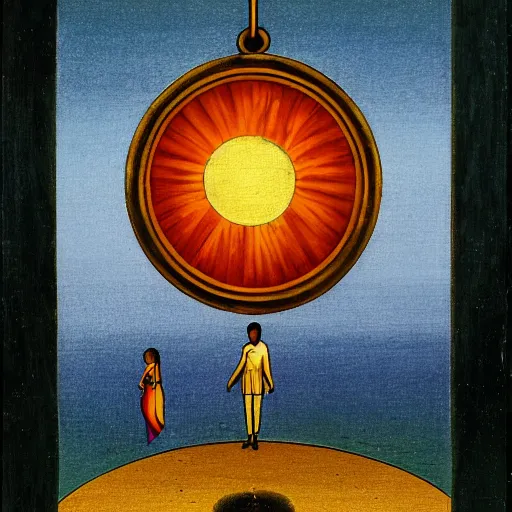 Image similar to a man and woman stand under a pendulum sun in the heart of arcadia.