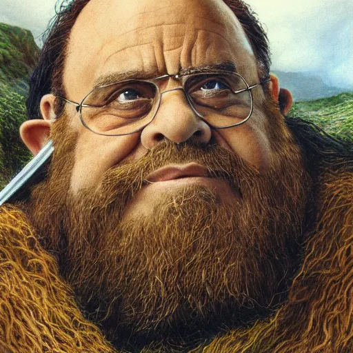 Prompt: danny devito as gimli, by alan lee, frank reynolds, lord of the rings calendar, smooth, detailed terrain, oil painting, matte painting, concept art, trending on artstation, promotional artwork, film still