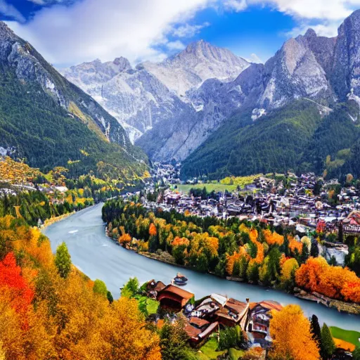 Prompt: Beautiful alpine city, located between a river and the mountains, during autumn, photorealistic, 8k,