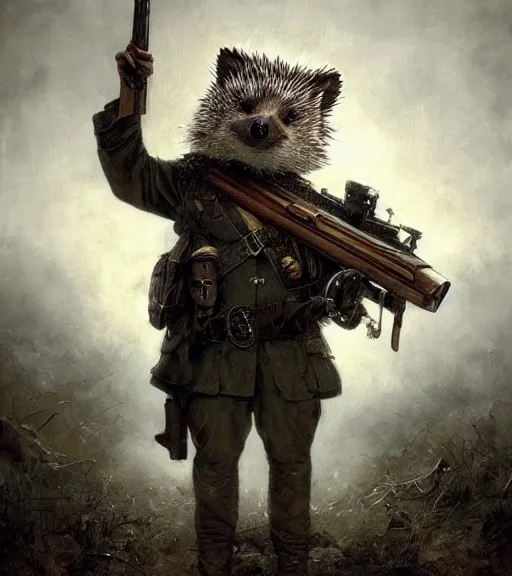 Image similar to anthropomorphic hedgehog, hedgehog as a war general in a commander outfit, holding a large wooden stocked rifle, in the style of greg rutkowski, symetrical, oryantalist, photo realistic, 8k, epic, ultra detailed, by Gustave Doré, by Marco Turini, by Artgerm, Deviantart in the style of Tom Bagshaw, Cedric Peyravernay, Peter Mohrbacher by William-Adolphe Bouguereau, by frank frazetta, symetrical features, joyful