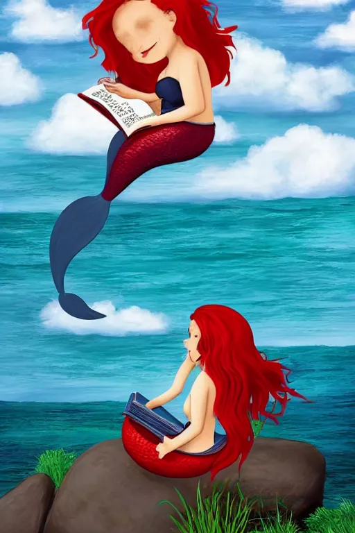 Prompt: mermaid reading a book, photorealistic, red hair!, perched on a rock, wearing reading glasses!!, big blue sky, tall fluffy clouds, rule of thirds, medium wide shot, subject center bottom of frame