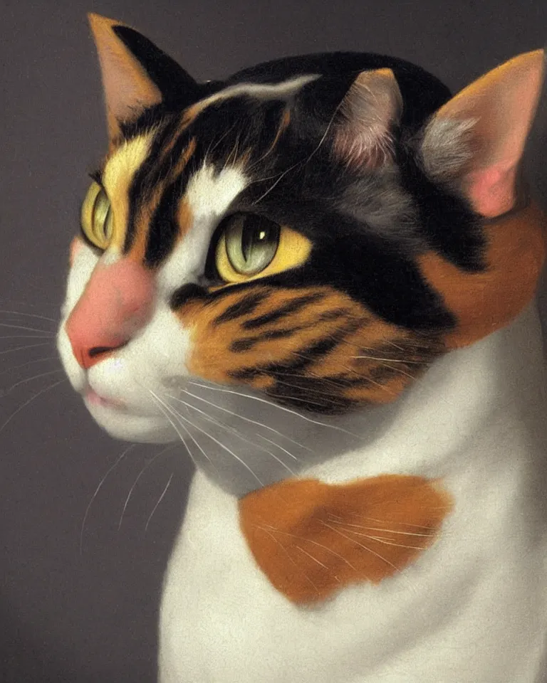 Image similar to close up portrait of one calico cat by vermeer. black background, three - point lighting, enchanting, realistic features, realistic proportions.