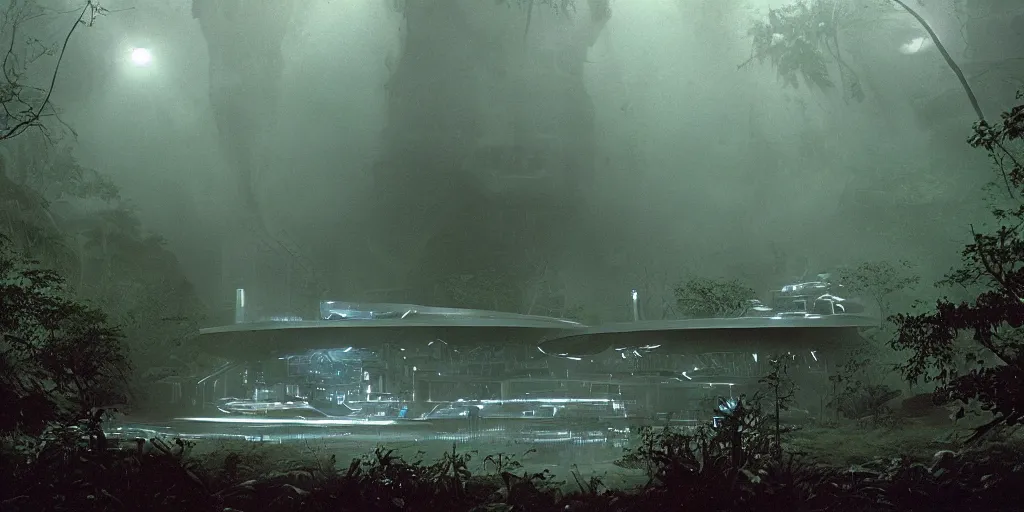 Image similar to film still of a dark futuristic scientific research outpost with complicated machinery and lasers in a moist foggy jungle, science fiction, ridley scott, lights through fog, futuristic outpost building, wet lush jungle landscape, dark sci - fi, 1 9 8 0 s, beige and dark atmosphere, ridley scott