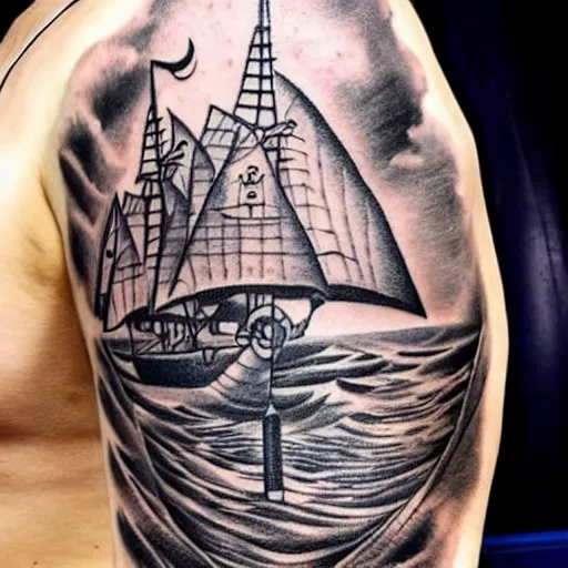 Prompt: a pirate ship sailing in the sea, realism tattoo design with amazing shades by david vega, clean white paper background