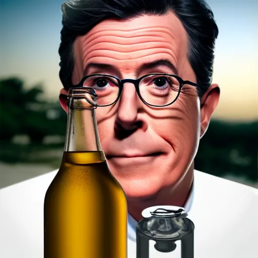 Image similar to stephen colbert face in a clear beer bottle!!!!, 8 k, ultra realistic details