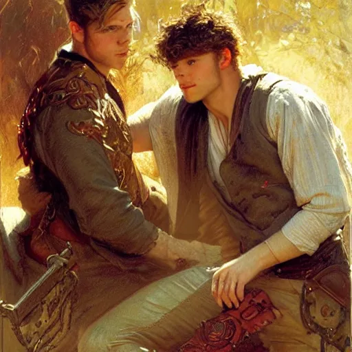 Image similar to attractive male, arthur pendragon who has blond hair confesses his love to attractive male, merlin who has dark hair. highly detailed painting by gaston bussiere, craig mullins, j. c. leyendecker 8 k