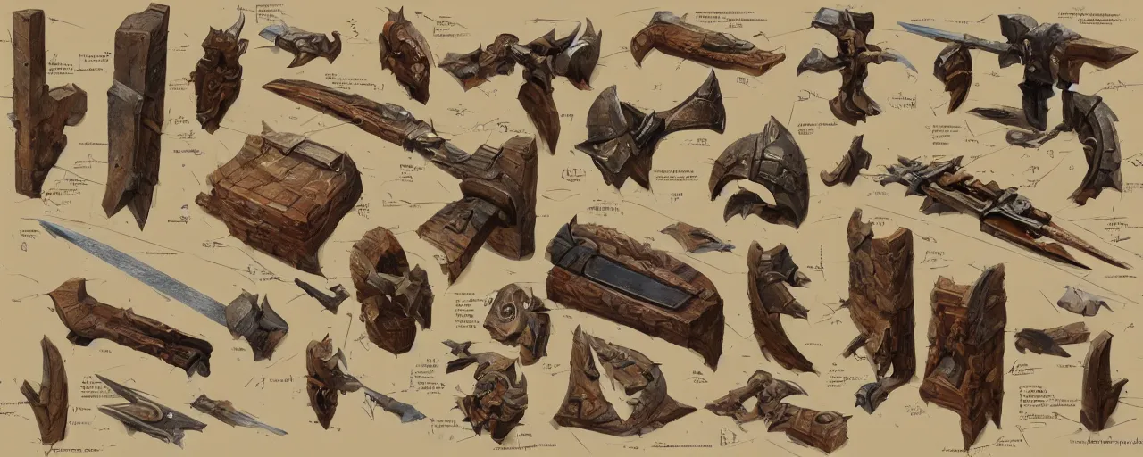 Prompt: schematic diagram of axes, dwarven, weapons, built, book, page, detailed, cross section, trending on artstation, cgsociety, Ralph McQuarrie and Greg Rutkowski