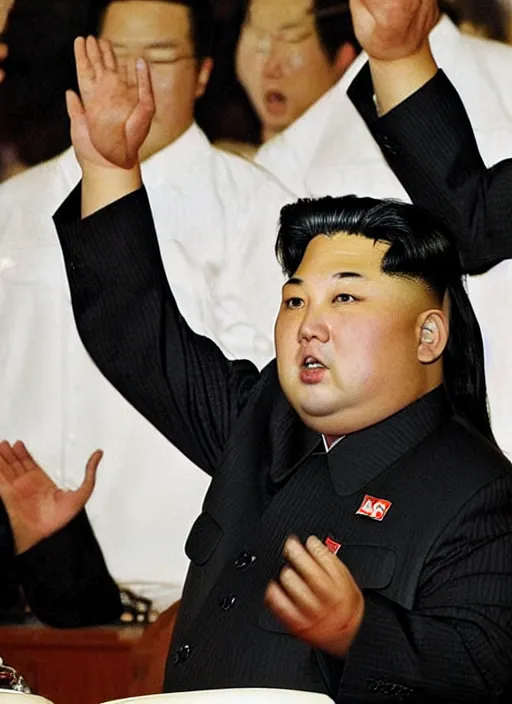 Prompt: “Kim Jong-Un with long hair singing in a death metal band.”