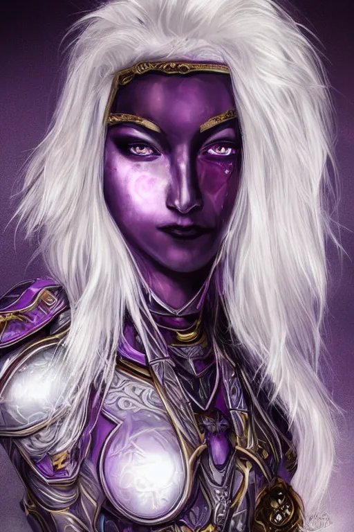 Image similar to portrait evilly knights of Zodiac girl, white hair, seductive eyes and face metalic deep purple and black reflected armor, in ruined Agora of Athens thunder flash night, sparkling, ssci-fi, fantasy, intricate, very very beautiful, elegant, golden light, highly detailed, digital painting, artstation, concept art, smooth, sharp focus, illustration, art by tian zi and WLOP and alphonse mucha