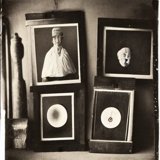 Prompt: Tintype photograph of primitive objects displayed in an ethnographic museum, archive material, anthropology,in the style of Marcel Duchamp, found objects, ready-made, 1920s studio lighting.