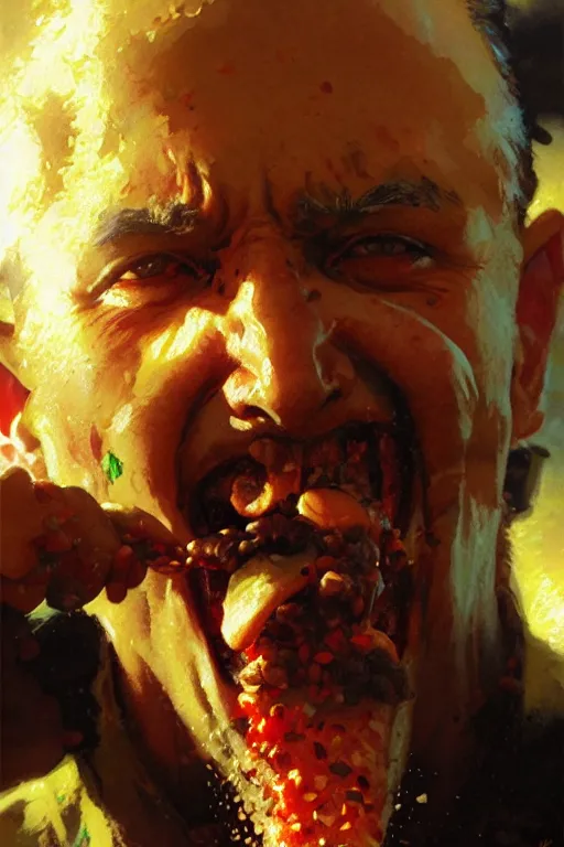 Image similar to nuclear bomb eating beans, extreme close up, portrait dnd, painting by gaston bussiere, craig mullins, greg rutkowski, yoji shinkawa