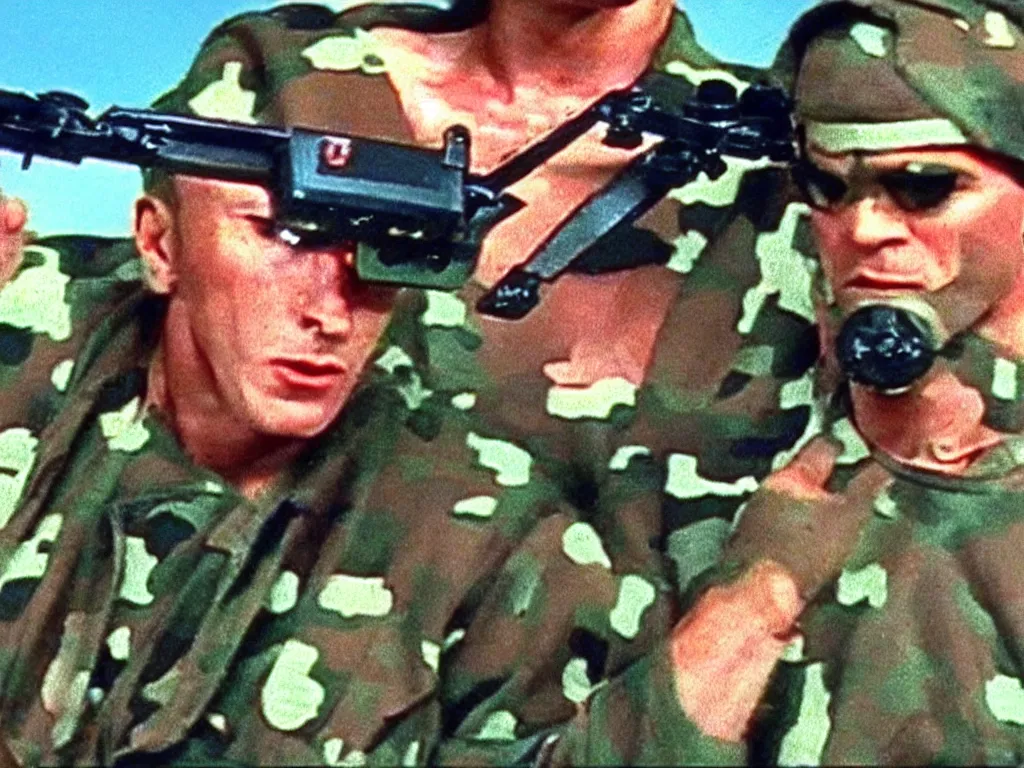 Image similar to vintage 90s VHS video still of a muscular soldier promoting UAV, retro TV, noise, hue