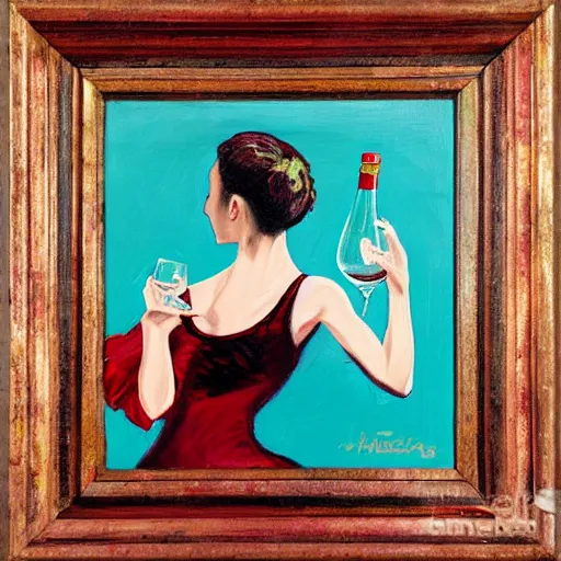 Prompt: painting of a ballerina holding wine in a teal room over a red background