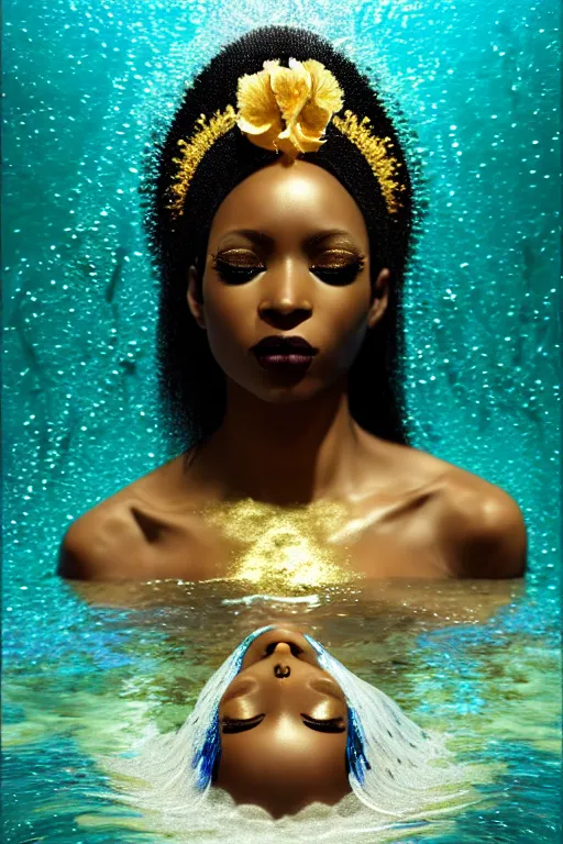 Prompt: hyperrealistic magic realism cinematic very beautiful! black oshun goddess with white! iris, in water, yoruba body paint, mirror dripping droplet!, gold flowers, highly detailed face, digital art masterpiece, smooth robert steven connett eric zener dramatic teal light, ground angle uhd 8 k, sharp focus