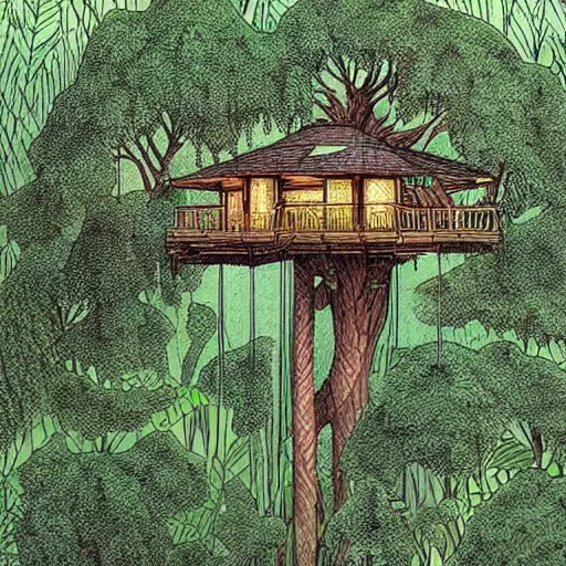 Image similar to a treehouse in a lush jungle during a thunderstorm in the night, drawing by moebius