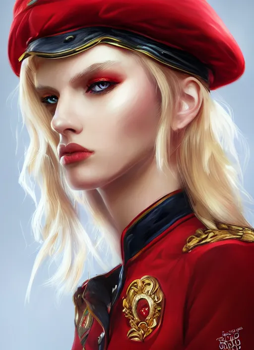 Prompt: a highly detailed illustration of beautiful long dirty blonde haired pale girl wearing red epaulette uniform, wearing beret, red eyes, dramatic seductive pose, intricate, elegant, highly detailed, centered, digital painting, artstation, concept art, smooth, sharp focus, league of legends concept art, WLOP