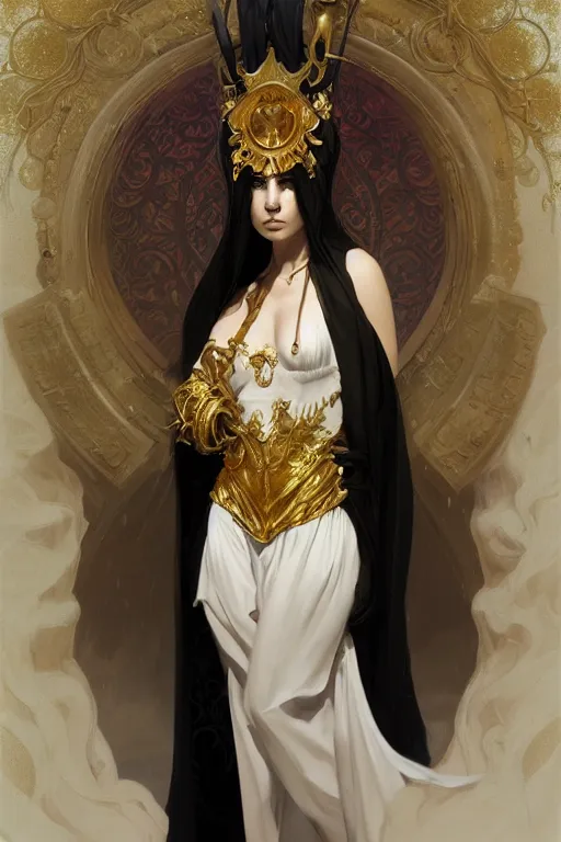 Prompt: Portrait of a Holy Necromancer, female, beautiful, golden robes, white pants, exquisite black accessories, golden corset, highly detailed, face details, smooth, sharp focus, digital painting, illustration, fantasy, by Krenz Cushart and Artem Demura and alphonse mucha, artstation