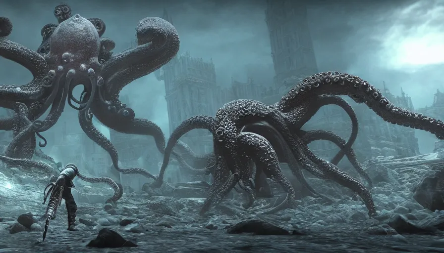 Prompt: Octopus monster, Dark Souls screenshot, boss fight, epic composition, grainy, gritty, concept art, 8K, highly detailed