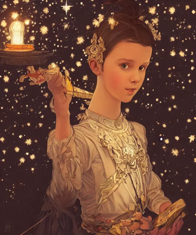 Image similar to a beautiful painting of a minion resembling millie bobby brown at the lantern festival in a an ancient italian town, at night with a sky full of stars, intricate, elegant, highly detailed, digital painting, artstation, concept art, by krenz cushart and artem demura and alphonse mucha