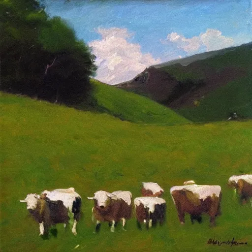 Prompt: “an impressionist painting of an avalanche of cows tumbling down a Green Mountain”