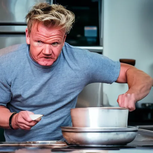 Image similar to Gordon Ramsay cooking pancakes with Jesse from Breaking Bad, 40nm, shallow depth of field, split lighting, 4k,