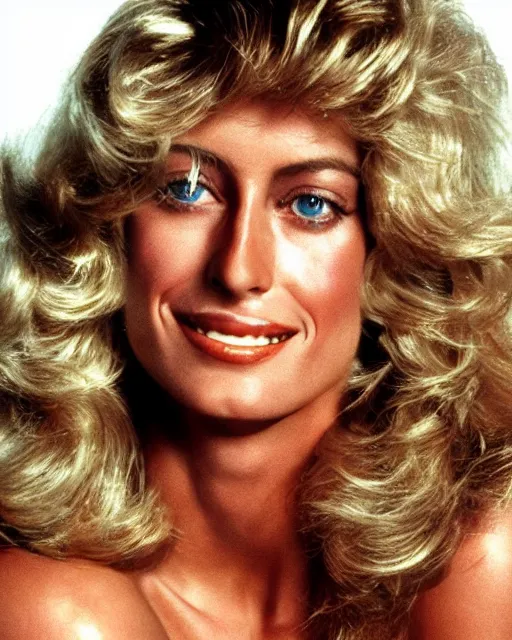 Image similar to closeup portrait of a beautiful young farrah fawcett in a sports illustrated photoshoot, rim lighting, glamour pose, hyper realistic, soft lighting,,, hd, octane, arney freytag!!!