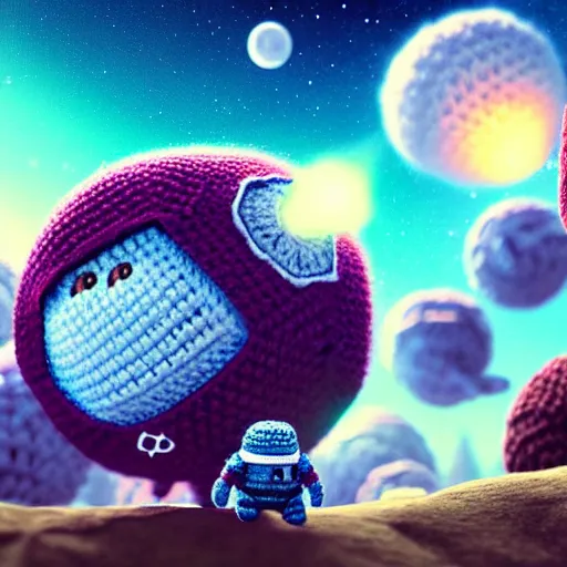 Image similar to an expedition of crochet astronauts discovering a new fluffy planet made out of yarn. cute, illustration, digital art, inspired by little big planet, by greg rutkowski, detailed, sharp, masterpiece, highly detailed, photorealistic, octane render, 8 k, unreal engine 5, trending on artstation