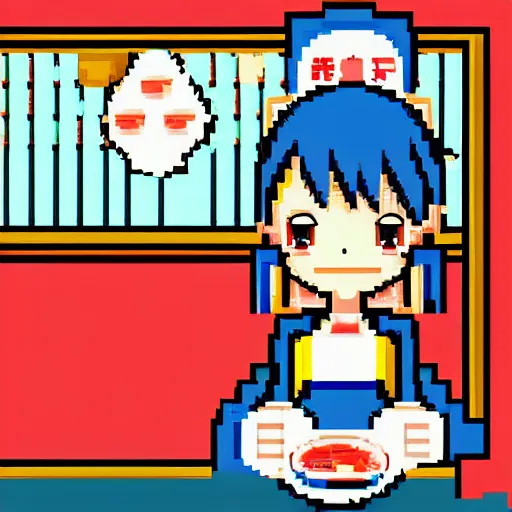 Prompt: pixel art anime girl in ramen cafe, soft colors