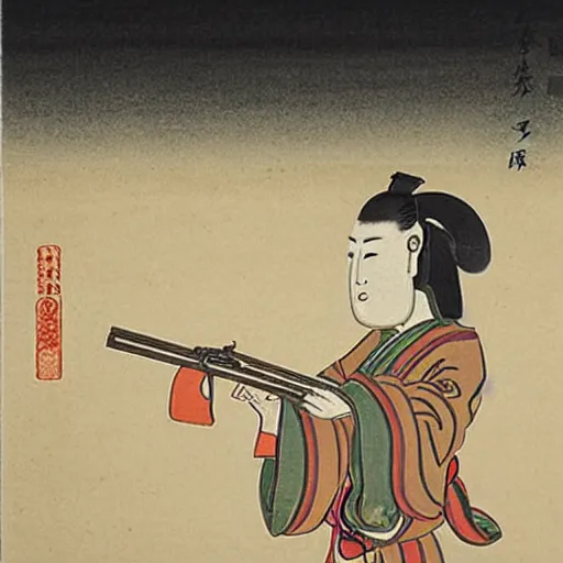 Image similar to a japanese ancient art style painting of an urban man firing a gun