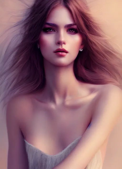 Image similar to a gorgeous female photo, professionally retouched, soft lighting, wearing a feather dress, realistic, smooth face, perfect eyes, wide angle, sharp focus on eyes, 8 k high definition, insanely detailed, intricate, elegant, art by artgerm and wlop