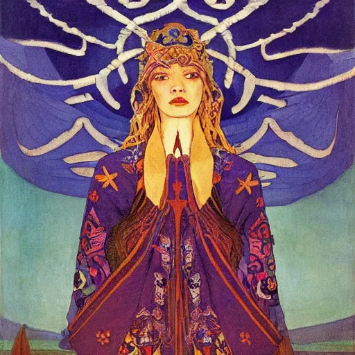 Prompt: the night crown, by Annie Swynnerton and Nicholas Roerich and Diego Rivera, embroidered robes, starry tattoos, elaborate costume, geometric ornament, symbolist, soft colors, dramatic lighting, smooth, sharp focus, extremely detailed